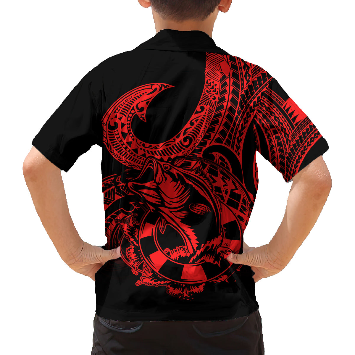 Polynesia Family Matching Off Shoulder Short Dress and Hawaiian Shirt Fish Hook Tattoo Go Fishing Polynesian Pattern Red LT14 - Polynesian Pride