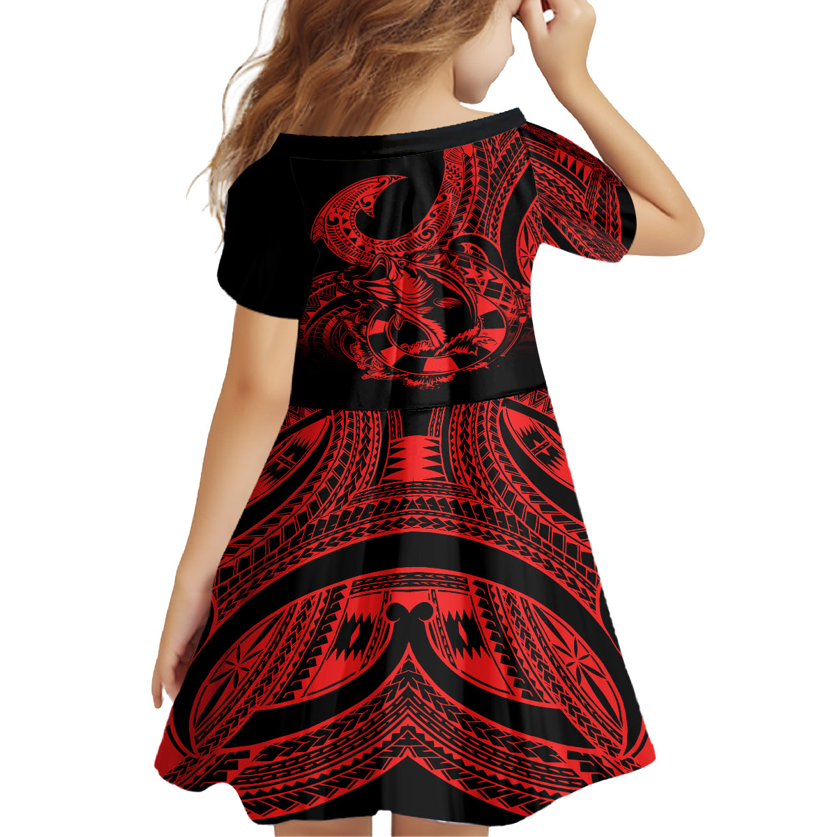 Polynesia Family Matching Off Shoulder Short Dress and Hawaiian Shirt Fish Hook Tattoo Go Fishing Polynesian Pattern Red LT14 - Polynesian Pride