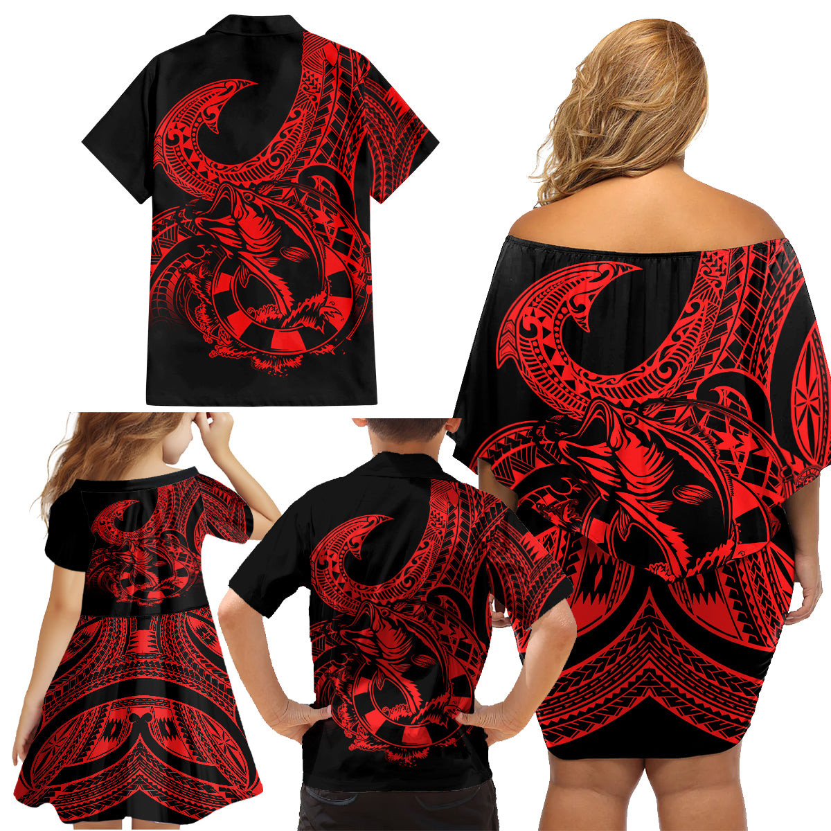 Polynesia Family Matching Off Shoulder Short Dress and Hawaiian Shirt Fish Hook Tattoo Go Fishing Polynesian Pattern Red LT14 - Polynesian Pride