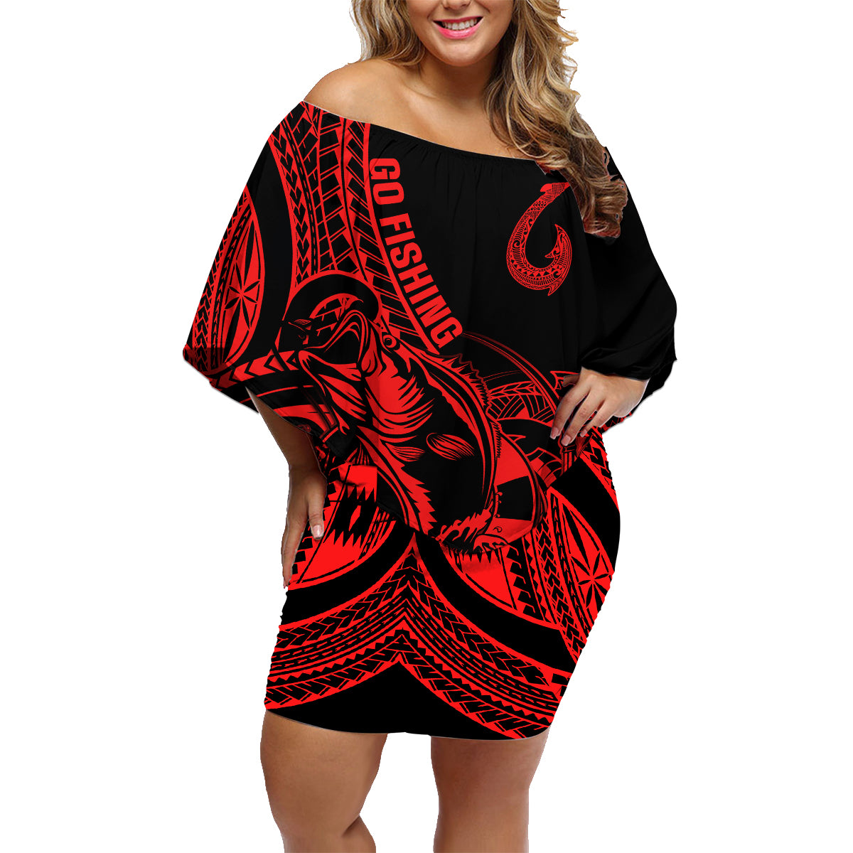 Polynesia Family Matching Off Shoulder Short Dress and Hawaiian Shirt Fish Hook Tattoo Go Fishing Polynesian Pattern Red LT14 Mom's Dress Red - Polynesian Pride