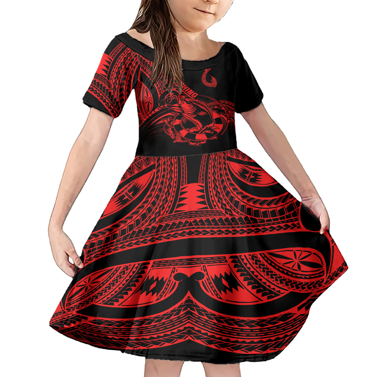 Polynesia Family Matching Short Sleeve Bodycon Dress and Hawaiian Shirt Fish Hook Tattoo Go Fishing Polynesian Pattern Red LT14 Daughter's Dress Red - Polynesian Pride