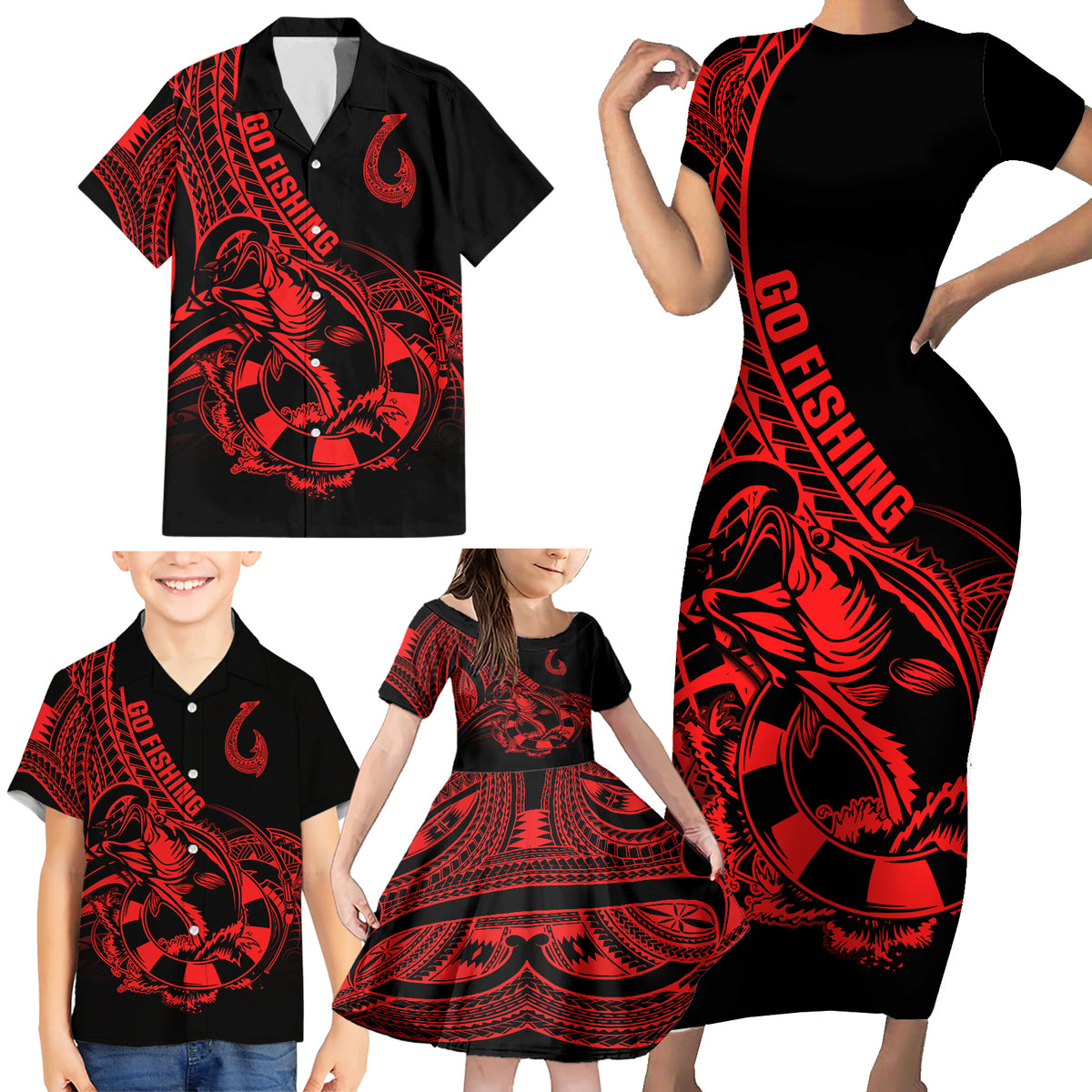 Polynesia Family Matching Short Sleeve Bodycon Dress and Hawaiian Shirt Fish Hook Tattoo Go Fishing Polynesian Pattern Red LT14 - Polynesian Pride