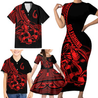 Polynesia Family Matching Short Sleeve Bodycon Dress and Hawaiian Shirt Fish Hook Tattoo Go Fishing Polynesian Pattern Red LT14 - Polynesian Pride
