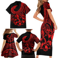 Polynesia Family Matching Short Sleeve Bodycon Dress and Hawaiian Shirt Fish Hook Tattoo Go Fishing Polynesian Pattern Red LT14 - Polynesian Pride