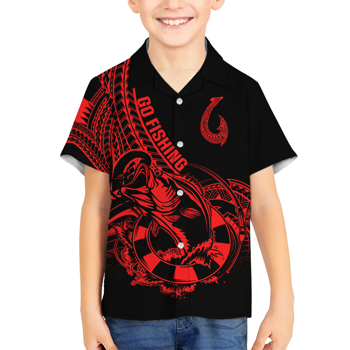 Polynesia Family Matching Short Sleeve Bodycon Dress and Hawaiian Shirt Fish Hook Tattoo Go Fishing Polynesian Pattern Red LT14 Son's Shirt Red - Polynesian Pride