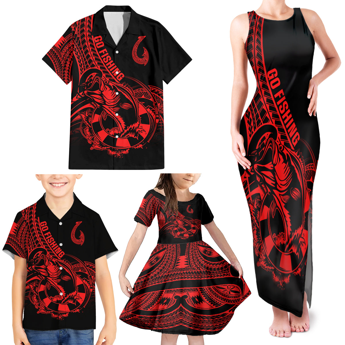 Polynesia Family Matching Tank Maxi Dress and Hawaiian Shirt Fish Hook Tattoo Go Fishing Polynesian Pattern Red LT14 - Polynesian Pride