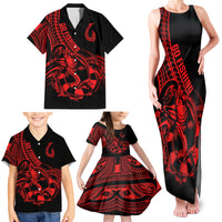 Polynesia Family Matching Tank Maxi Dress and Hawaiian Shirt Fish Hook Tattoo Go Fishing Polynesian Pattern Red LT14 - Polynesian Pride