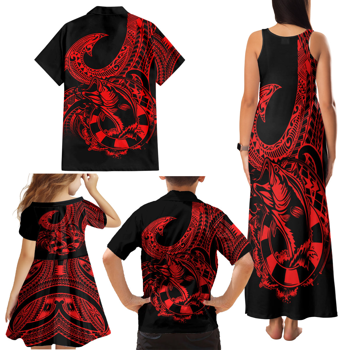 Polynesia Family Matching Tank Maxi Dress and Hawaiian Shirt Fish Hook Tattoo Go Fishing Polynesian Pattern Red LT14 - Polynesian Pride