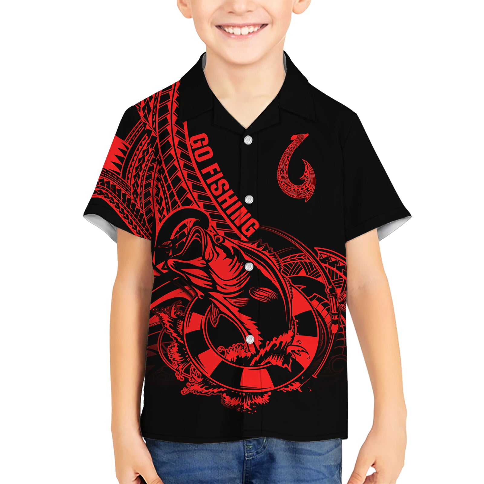polynesia-kid-hawaiian-shirt-fish-hook-tattoo-go-fishing-polynesian-pattern-red