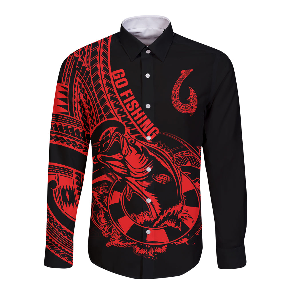 polynesia-long-sleeve-button-shirt-fish-hook-tattoo-go-fishing-polynesian-pattern-red