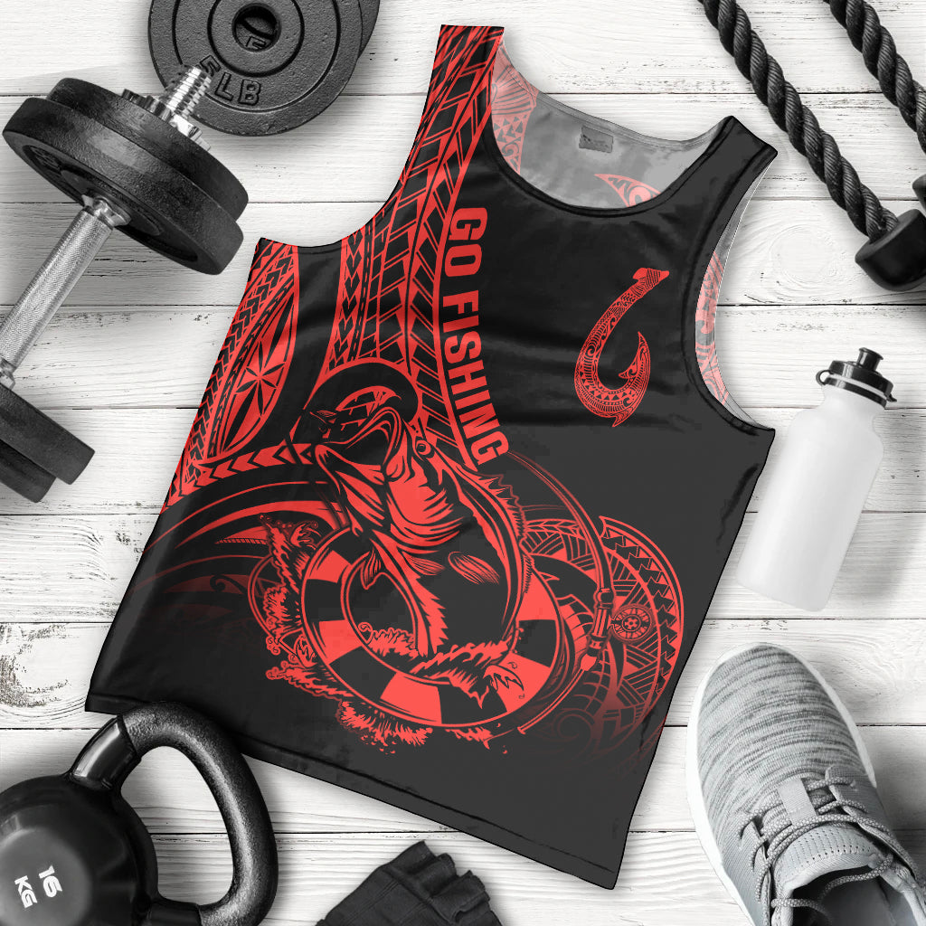 Polynesia Men Tank Top Fish Hook Tattoo Go Fishing Polynesian Pattern Red LT14 Red - Polynesian Pride