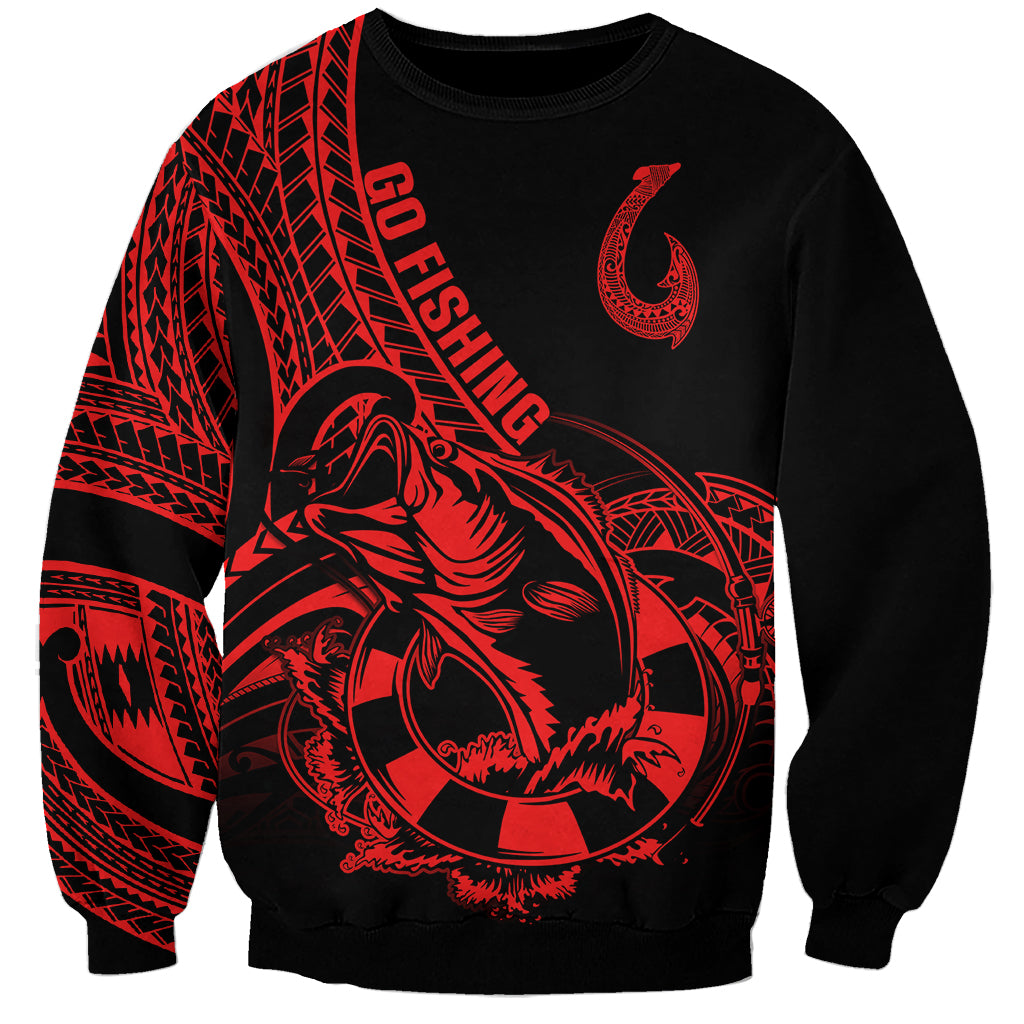 Polynesia Sweatshirt Fish Hook Tattoo Go Fishing Polynesian Pattern Red LT14 Unisex Red - Polynesian Pride