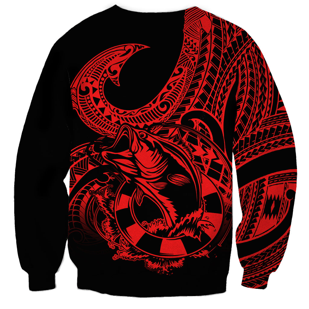 Polynesia Sweatshirt Fish Hook Tattoo Go Fishing Polynesian Pattern Red LT14 - Polynesian Pride