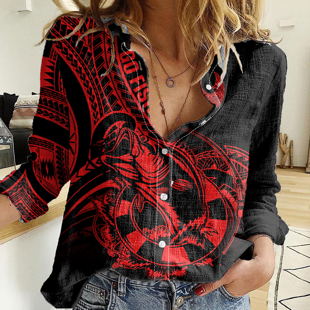 Polynesia Women Casual Shirt Fish Hook Tattoo Go Fishing Polynesian Pattern Red LT14 Female Red - Polynesian Pride