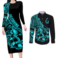 Polynesia Couples Matching Long Sleeve Bodycon Dress and Long Sleeve Button Shirts Fish Hook Tattoo Go Fishing Polynesian Pattern Turquosie LT14 Turquoise - Polynesian Pride