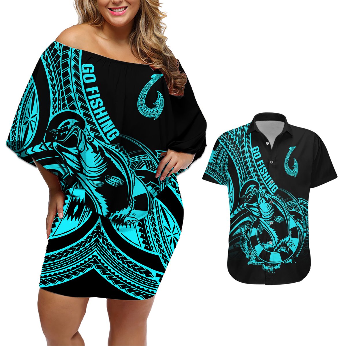 polynesia-couples-matching-off-shoulder-short-dress-and-hawaiian-shirt-fish-hook-tattoo-go-fishing-polynesian-pattern-turquosie