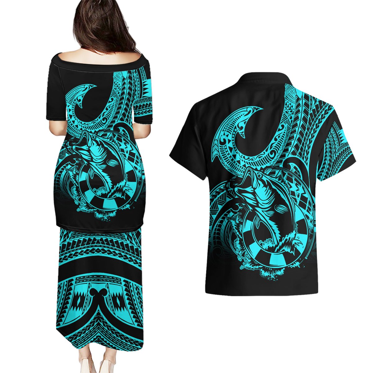 polynesia-couples-matching-puletasi-dress-and-hawaiian-shirt-fish-hook-tattoo-go-fishing-polynesian-pattern-turquosie