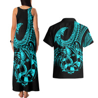 Polynesia Couples Matching Tank Maxi Dress and Hawaiian Shirt Fish Hook Tattoo Go Fishing Polynesian Pattern Turquosie LT14 - Polynesian Pride