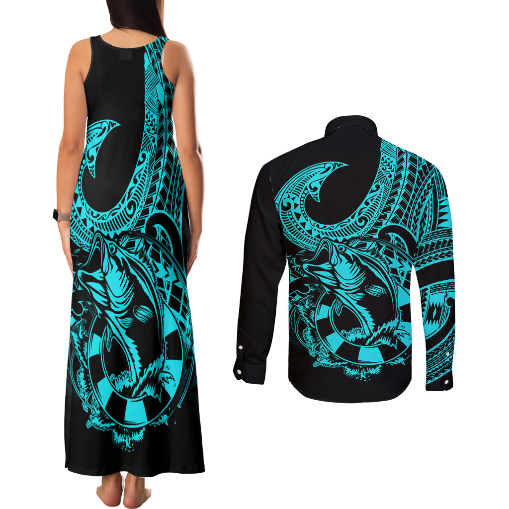 polynesia-couples-matching-tank-maxi-dress-and-long-sleeve-button-shirts-fish-hook-tattoo-go-fishing-polynesian-pattern-turquosie