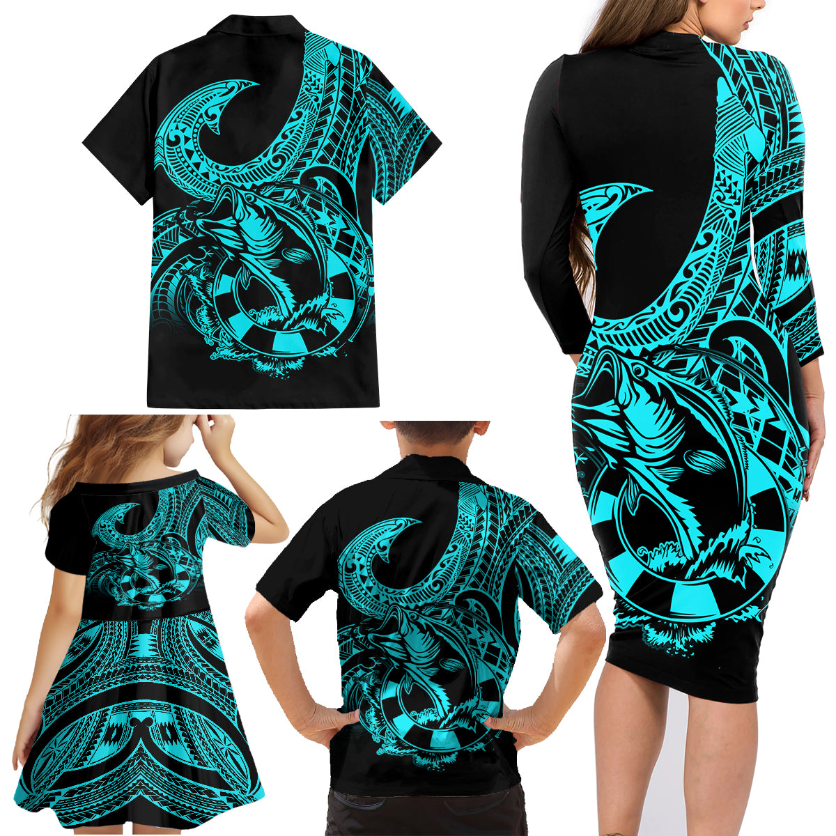 polynesia-family-matching-long-sleeve-bodycon-dress-and-hawaiian-shirt-fish-hook-tattoo-go-fishing-polynesian-pattern-turquosie