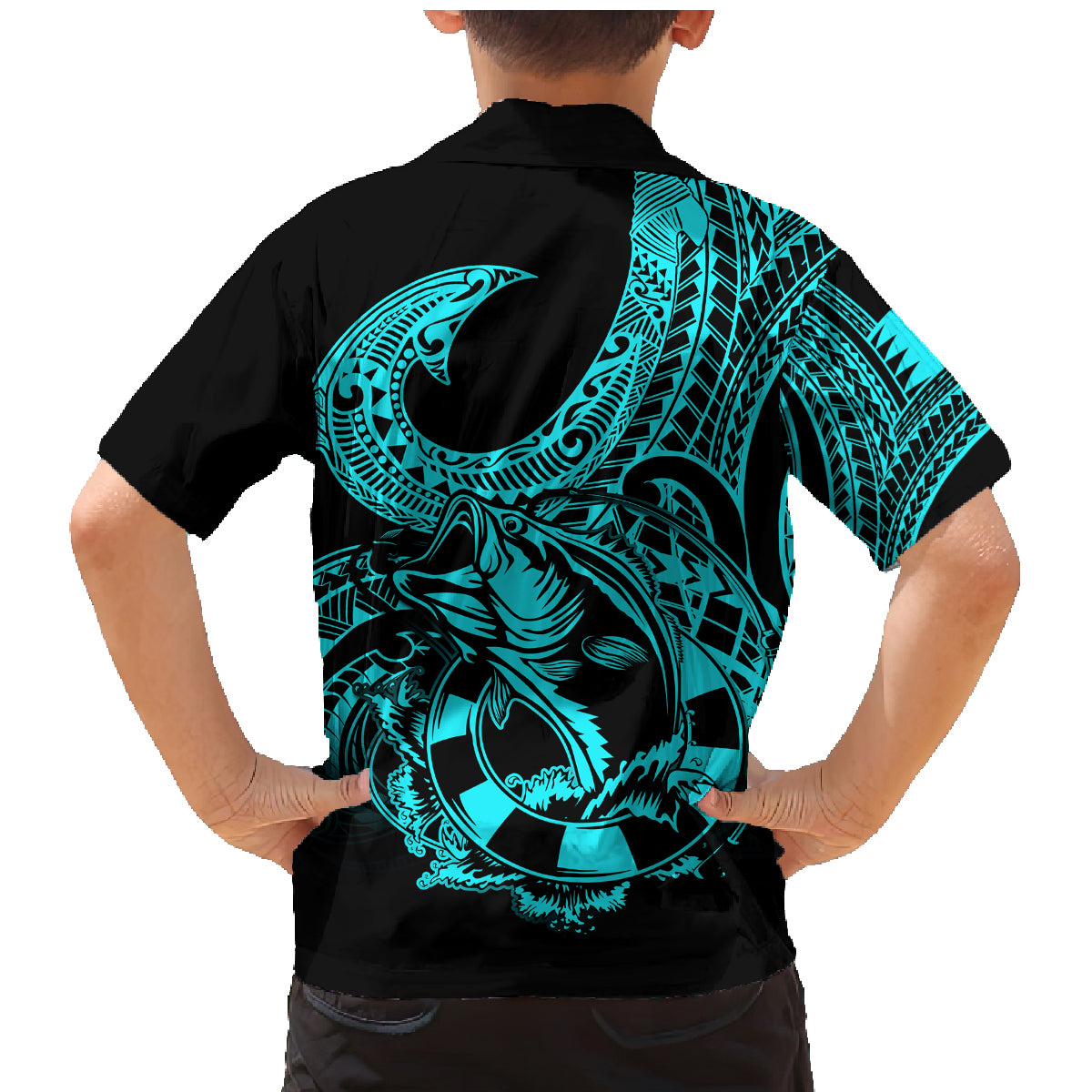 polynesia-family-matching-mermaid-dress-and-hawaiian-shirt-fish-hook-tattoo-go-fishing-polynesian-pattern-turquosie