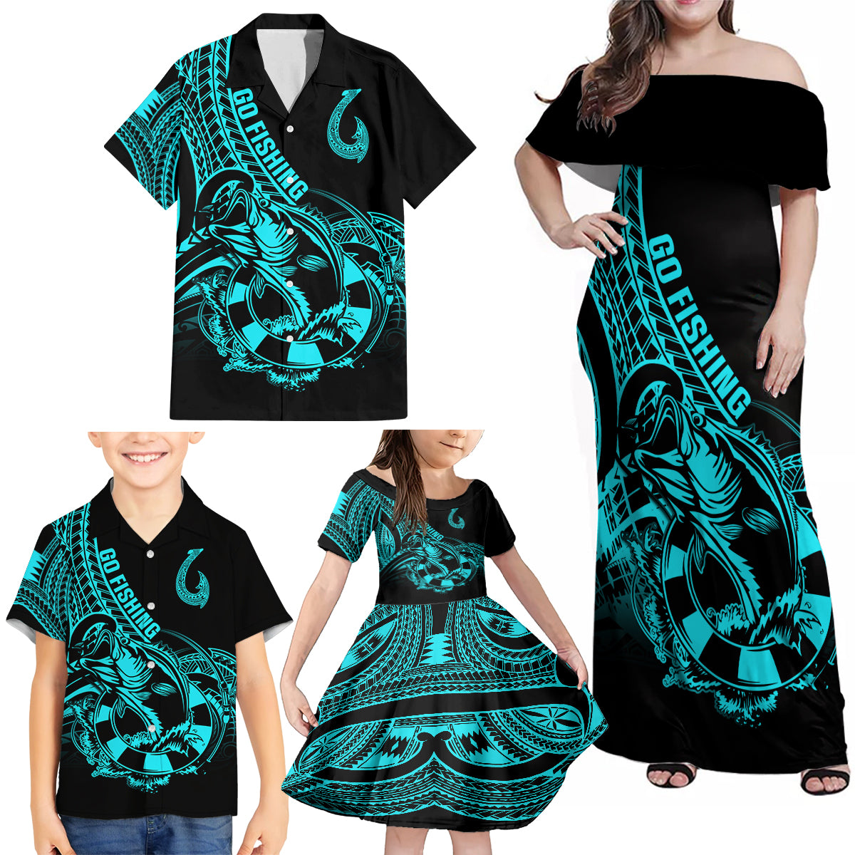 Polynesia Family Matching Off Shoulder Maxi Dress and Hawaiian Shirt Fish Hook Tattoo Go Fishing Polynesian Pattern Turquosie LT14 - Polynesian Pride