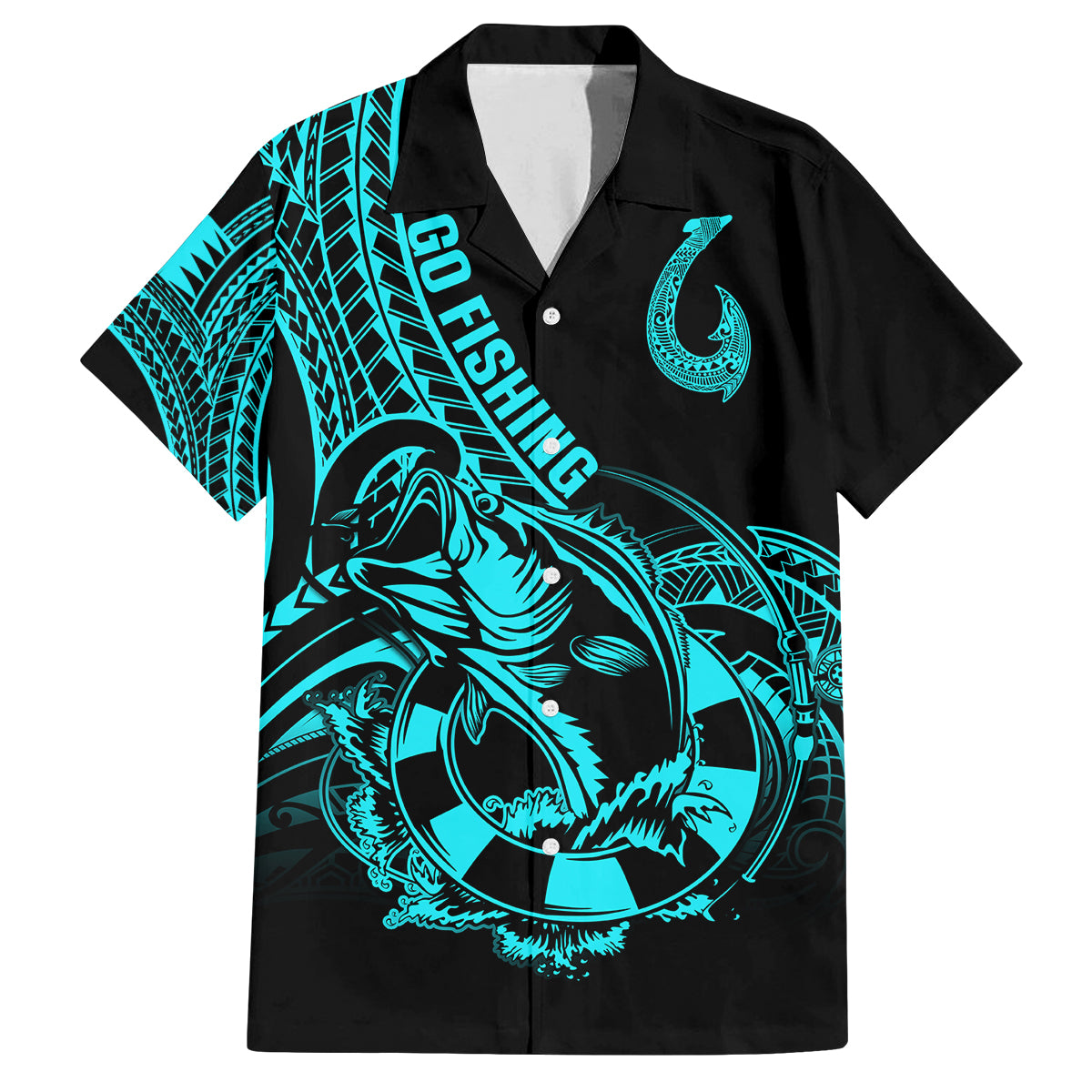 Polynesia Family Matching Off Shoulder Maxi Dress and Hawaiian Shirt Fish Hook Tattoo Go Fishing Polynesian Pattern Turquosie LT14 Dad's Shirt - Short Sleeve Turquoise - Polynesian Pride