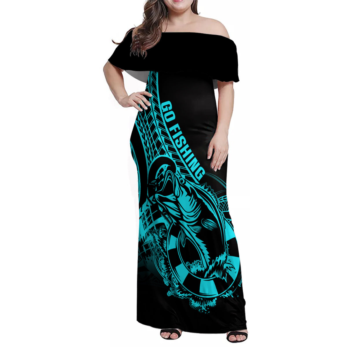 Polynesia Family Matching Off Shoulder Maxi Dress and Hawaiian Shirt Fish Hook Tattoo Go Fishing Polynesian Pattern Turquosie LT14 Mom's Dress Turquoise - Polynesian Pride