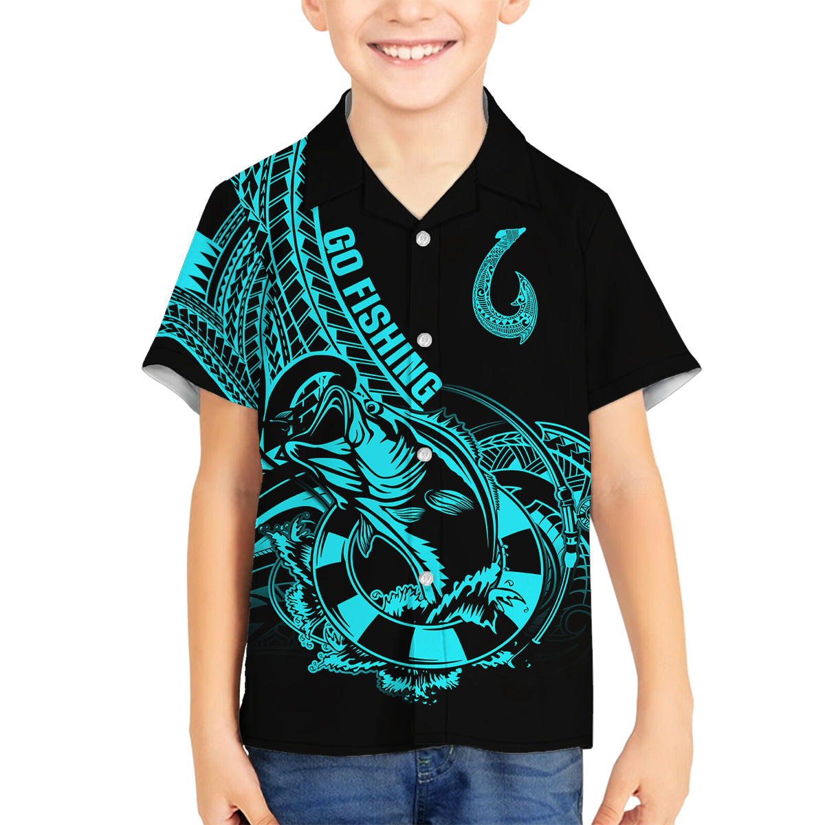 Polynesia Family Matching Off Shoulder Maxi Dress and Hawaiian Shirt Fish Hook Tattoo Go Fishing Polynesian Pattern Turquosie LT14 Son's Shirt Turquoise - Polynesian Pride