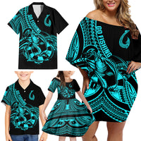 Polynesia Family Matching Off Shoulder Short Dress and Hawaiian Shirt Fish Hook Tattoo Go Fishing Polynesian Pattern Turquosie LT14 - Polynesian Pride