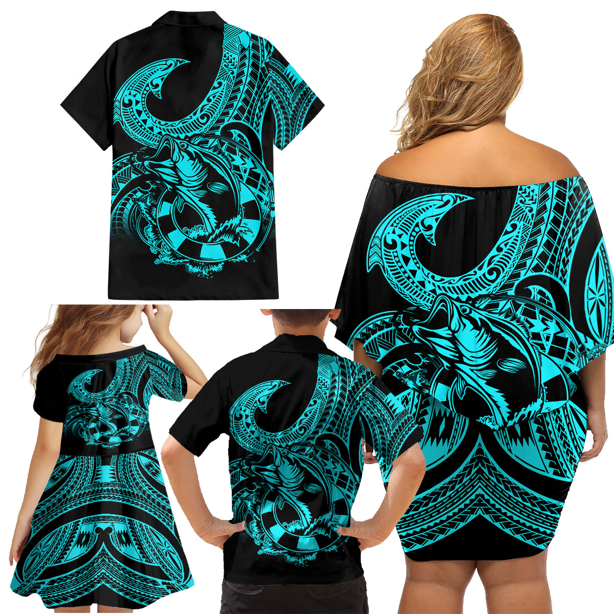 Polynesia Family Matching Off Shoulder Short Dress and Hawaiian Shirt Fish Hook Tattoo Go Fishing Polynesian Pattern Turquosie LT14 - Polynesian Pride