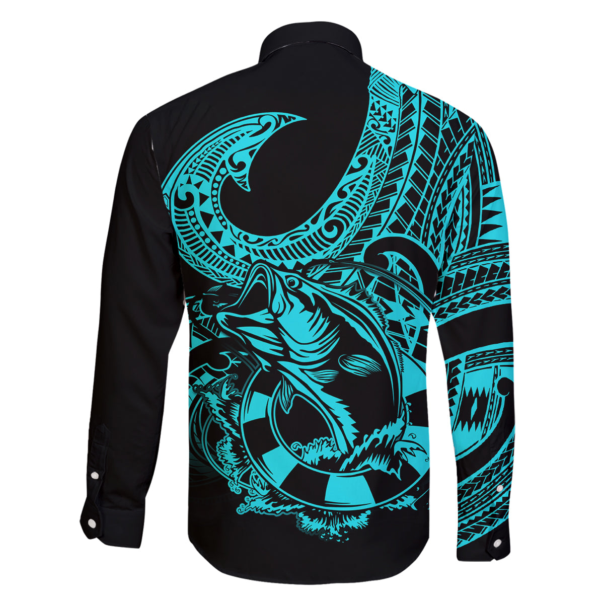 Polynesia Family Matching Off Shoulder Short Dress and Hawaiian Shirt Fish Hook Tattoo Go Fishing Polynesian Pattern Turquosie LT14 - Polynesian Pride