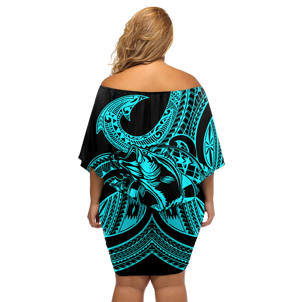 Polynesia Family Matching Off Shoulder Short Dress and Hawaiian Shirt Fish Hook Tattoo Go Fishing Polynesian Pattern Turquosie LT14 - Polynesian Pride