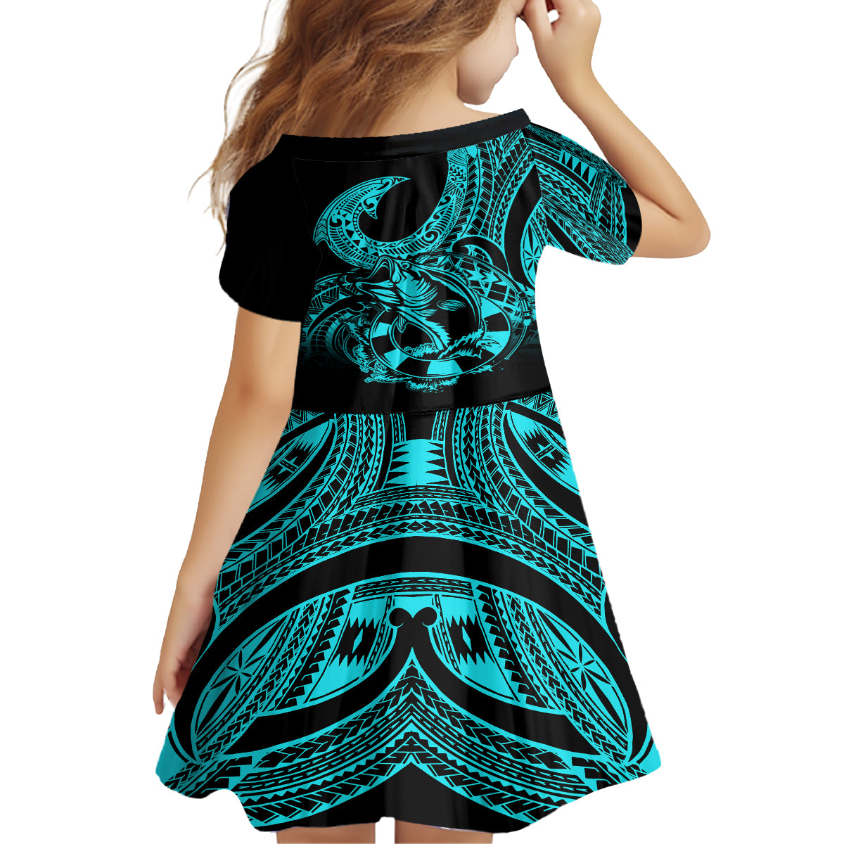 Polynesia Family Matching Tank Maxi Dress and Hawaiian Shirt Fish Hook Tattoo Go Fishing Polynesian Pattern Turquosie LT14 - Polynesian Pride
