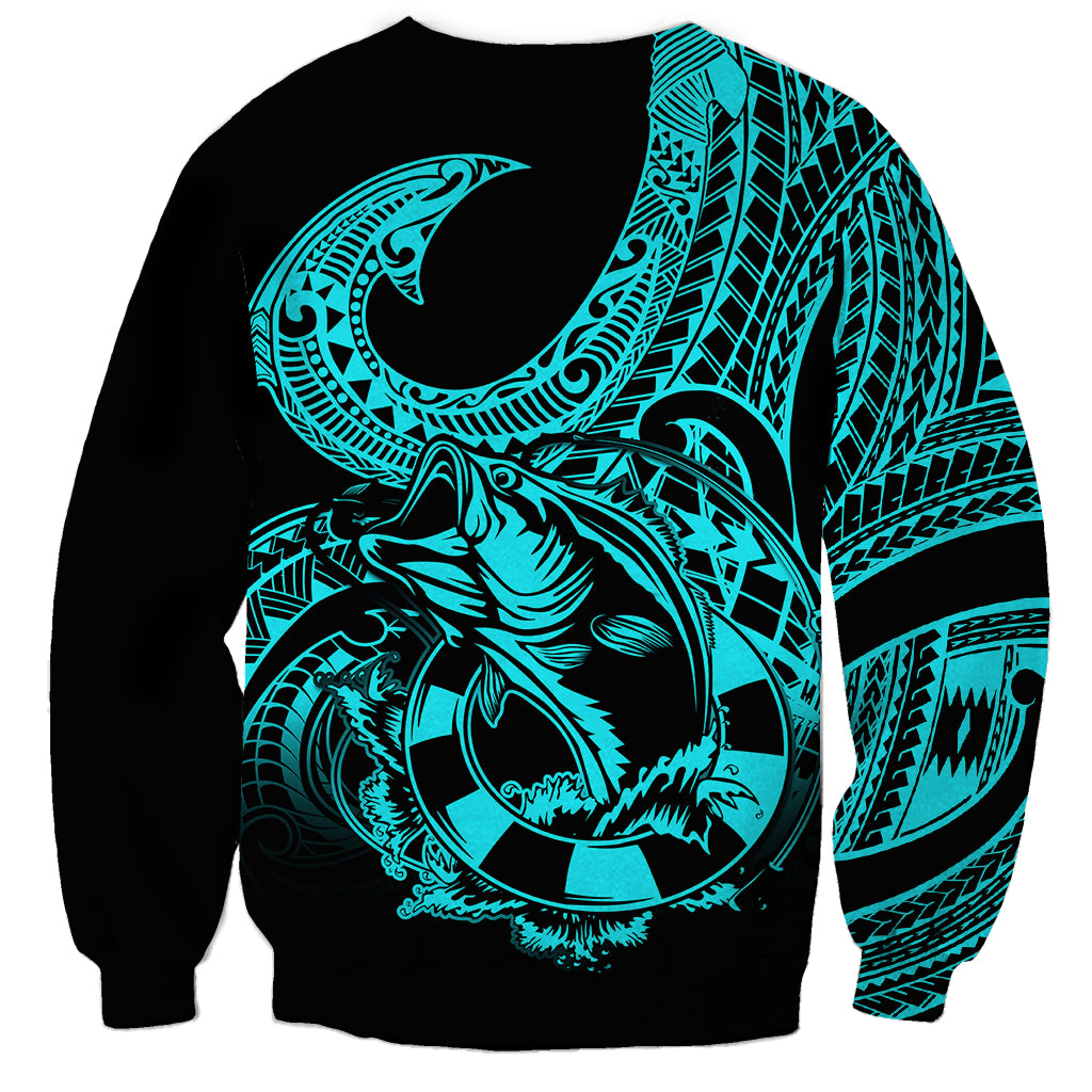 Polynesia Sweatshirt Fish Hook Tattoo Go Fishing Polynesian Pattern Turquosie LT14 - Polynesian Pride
