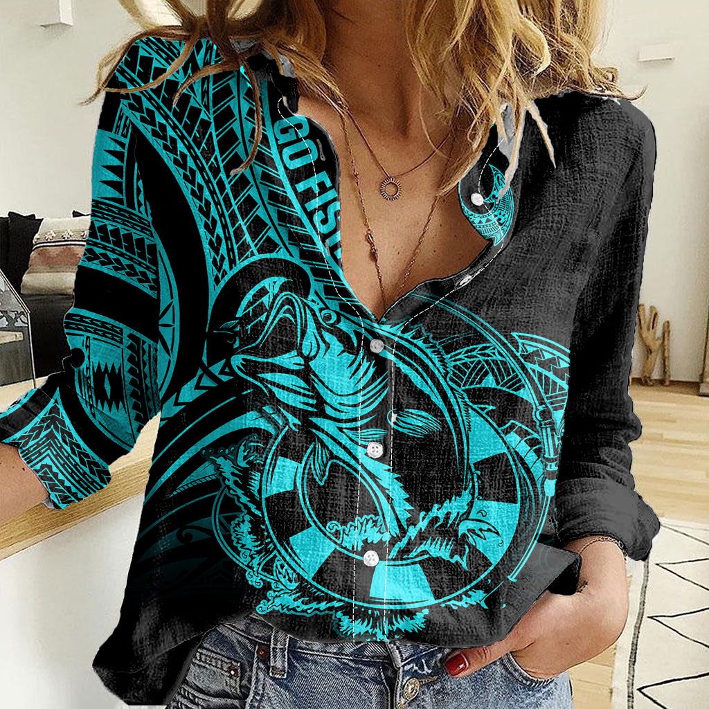 Polynesia Women Casual Shirt Fish Hook Tattoo Go Fishing Polynesian Pattern Turquosie LT14 Female Turquoise - Polynesian Pride