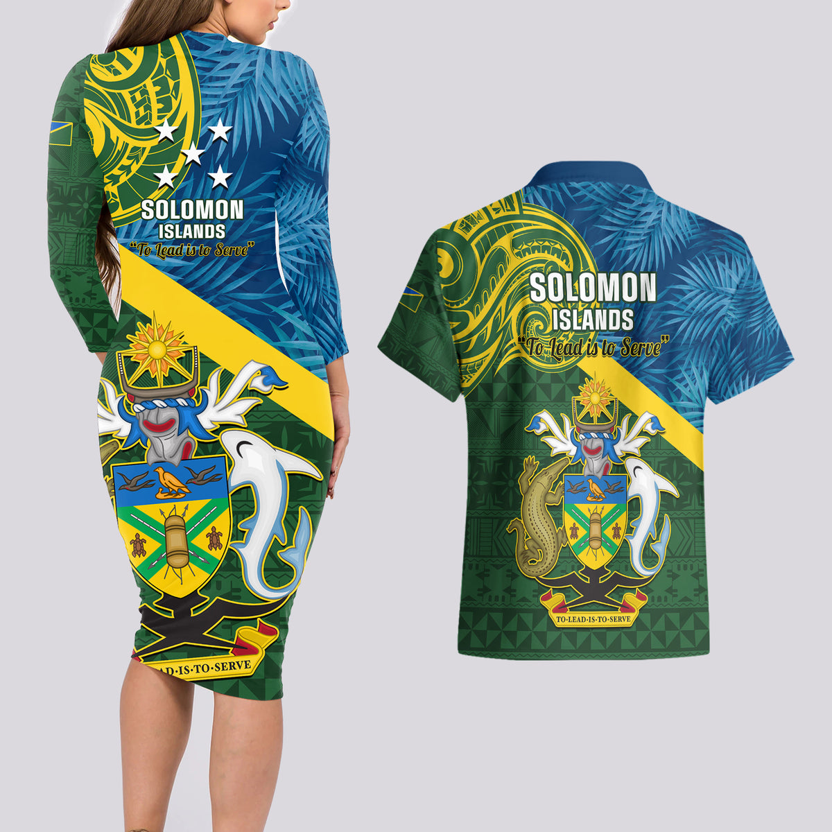 Solomon Islands Couples Matching Long Sleeve Bodycon Dress and Hawaiian Shirt Tropical Leaves With Melanesian Pattern LT14 - Polynesian Pride