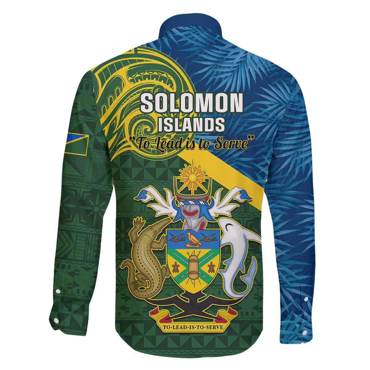 solomon-islands-family-matching-off-shoulder-long-sleeve-dress-and-hawaiian-shirt-tropical-leaves-with-melanesian-pattern