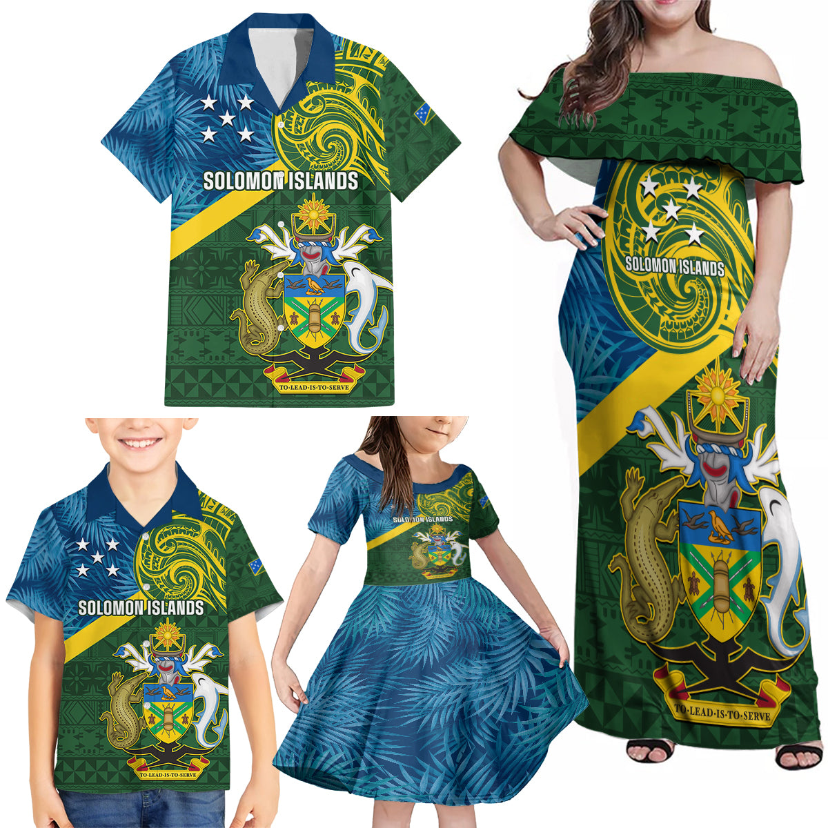 Solomon Islands Family Matching Off Shoulder Maxi Dress and Hawaiian Shirt Tropical Leaves With Melanesian Pattern LT14 - Polynesian Pride