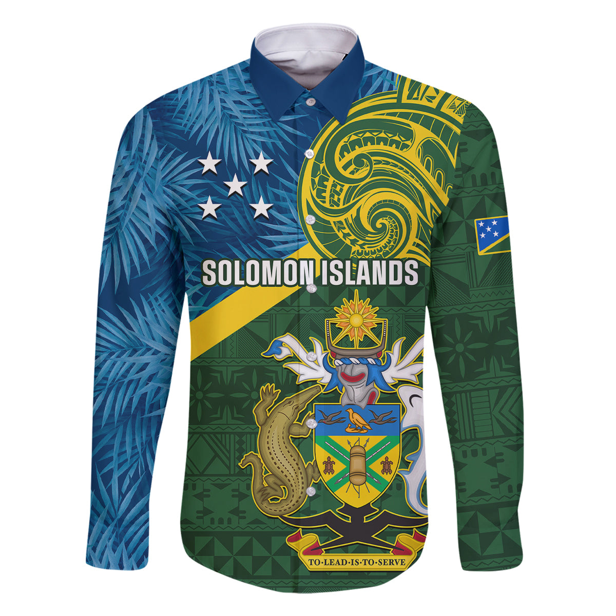 Solomon Islands Family Matching Off Shoulder Short Dress and Hawaiian Shirt Tropical Leaves With Melanesian Pattern LT14 Dad's Shirt - Long Sleeve Green - Polynesian Pride