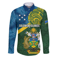 Solomon Islands Family Matching Off Shoulder Short Dress and Hawaiian Shirt Tropical Leaves With Melanesian Pattern LT14 Dad's Shirt - Long Sleeve Green - Polynesian Pride