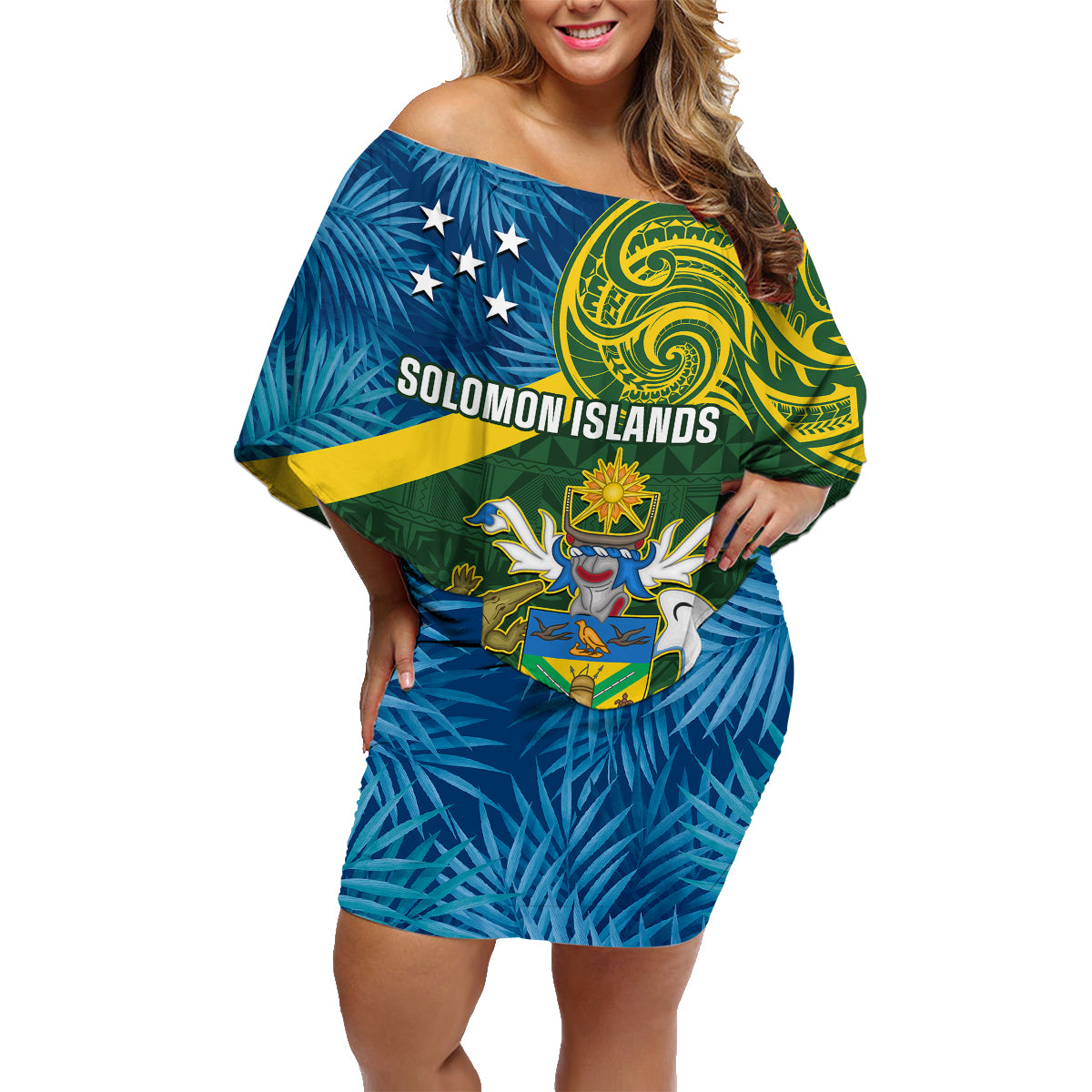 Solomon Islands Family Matching Off Shoulder Short Dress and Hawaiian Shirt Tropical Leaves With Melanesian Pattern LT14 Mom's Dress Green - Polynesian Pride