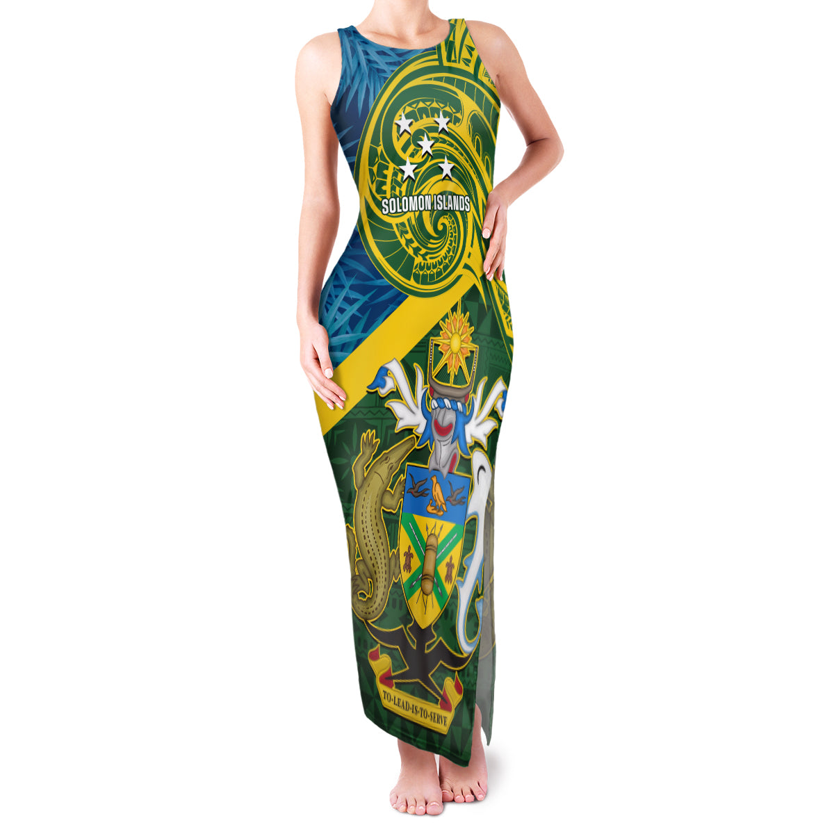 Solomon Islands Family Matching Tank Maxi Dress and Hawaiian Shirt Tropical Leaves With Melanesian Pattern LT14 Mom's Dress Green - Polynesian Pride