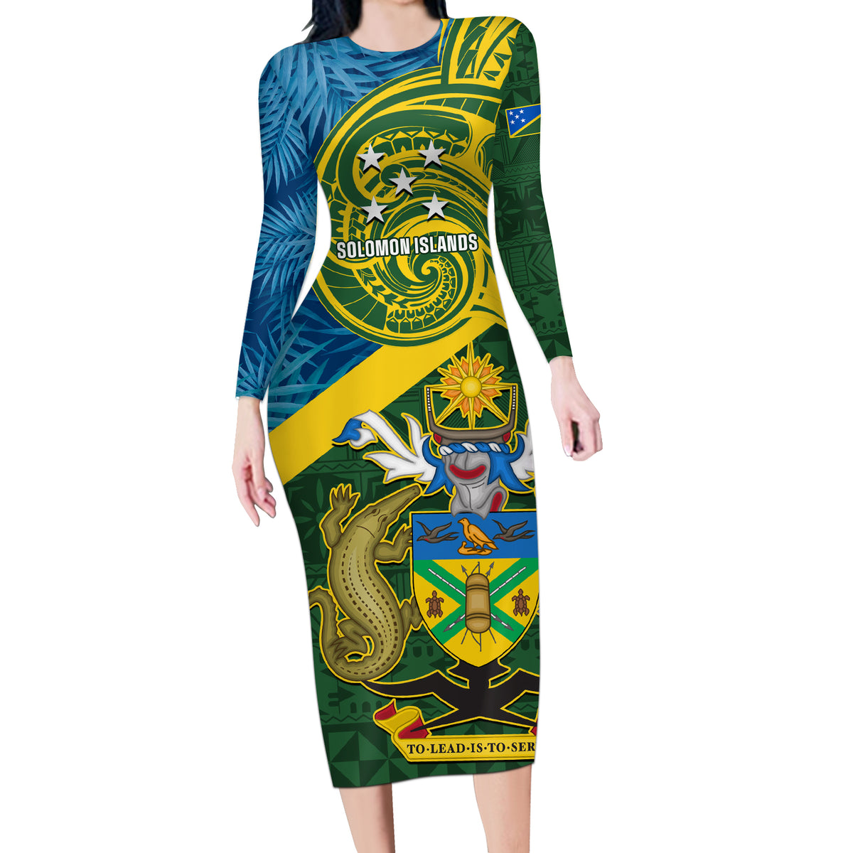 Solomon Islands Long Sleeve Bodycon Dress Tropical Leaves With Melanesian Pattern LT14 Long Dress Green - Polynesian Pride