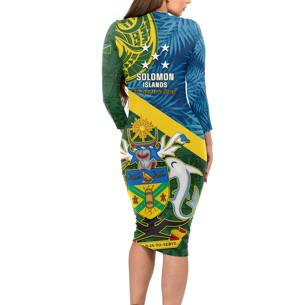 Solomon Islands Long Sleeve Bodycon Dress Tropical Leaves With Melanesian Pattern LT14 - Polynesian Pride