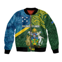 Personalised Solomon Islands Bomber Jacket Tropical Leaves With Melanesian Pattern LT14 Unisex Green - Polynesian Pride