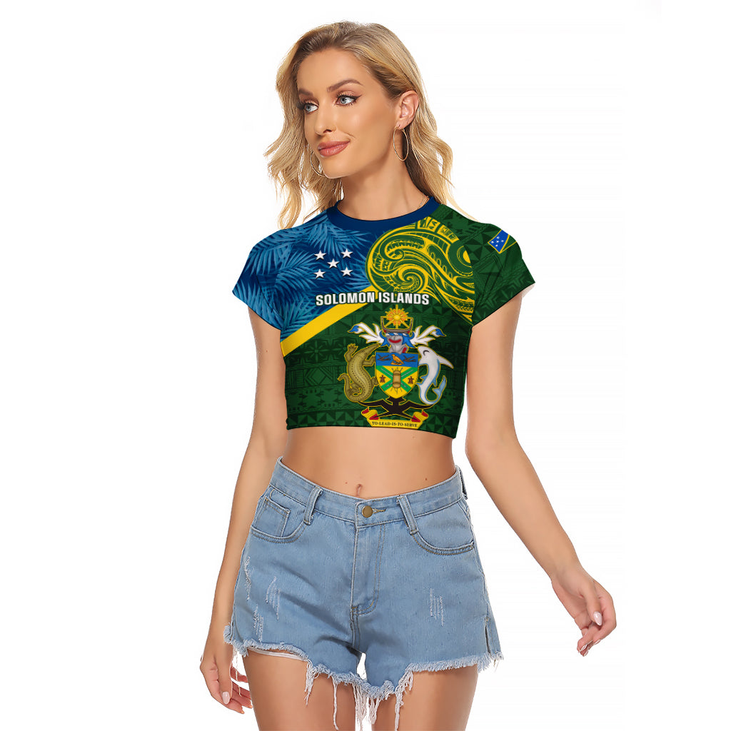 Personalised Solomon Islands Raglan Cropped T Shirt Tropical Leaves With Melanesian Pattern LT14 Female Green - Polynesian Pride