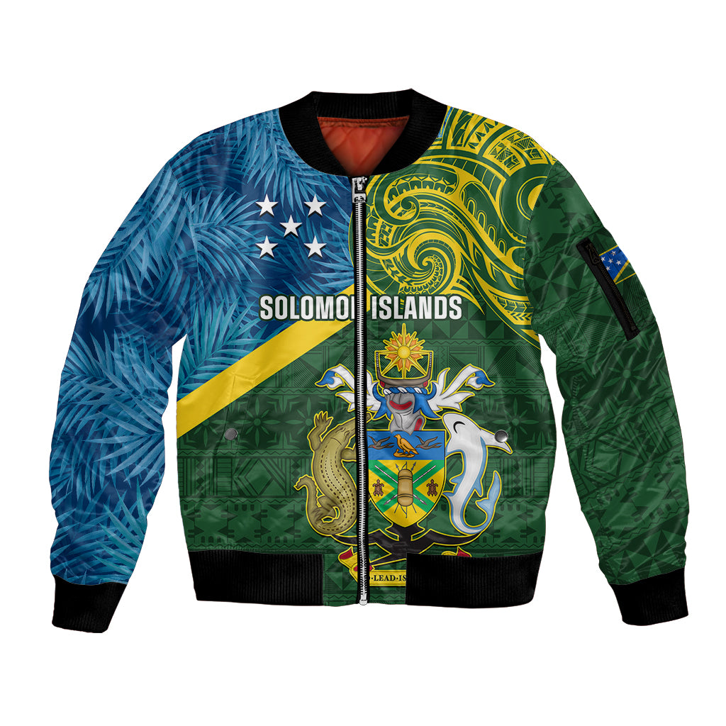Personalised Solomon Islands Sleeve Zip Bomber Jacket Tropical Leaves With Melanesian Pattern LT14 Unisex Green - Polynesian Pride