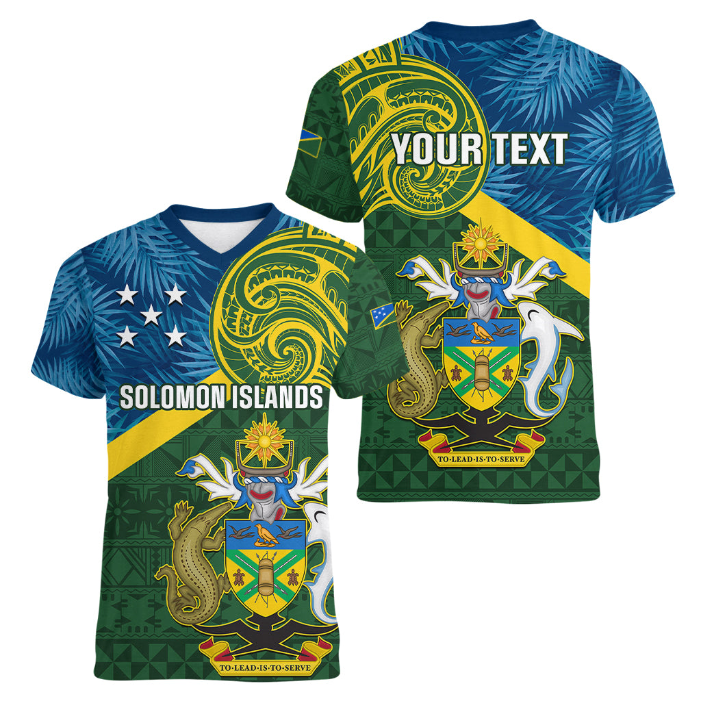 Personalised Solomon Islands Women V Neck T Shirt Tropical Leaves With Melanesian Pattern LT14 - Polynesian Pride