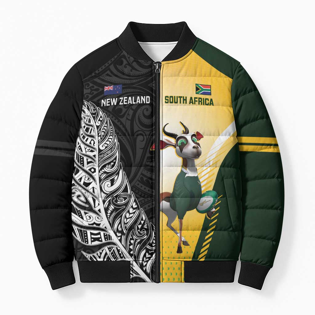 New Zealand and South Africa Rugby Custom Bomber Puffer Jacket Maori Silver Fern Springbok Together - Polynesian Pride